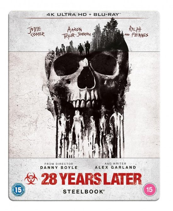 Steelbook van 28 Years Later met een grote schedel, figuren en een bos op de achtergrond. Met 4K Ultra HD + Blu-ray vermelding.