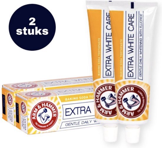 Voordeelverpakking met twee tubes Arm & Hammer Extra White tandpasta en de kartonnen doos. Oranje, witte verpakking met Arm & Hammer logo.