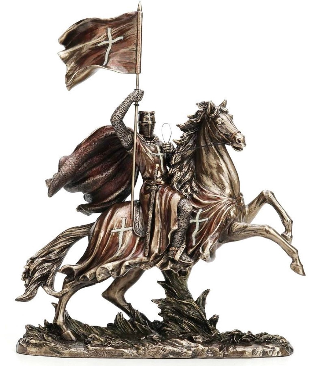 Veronese Design Beeld/figuur - Tempelier Kruisvaarder te Paard met Vlag - (hxbxd) ca. 37cm x 30,5cm x 12,5cm