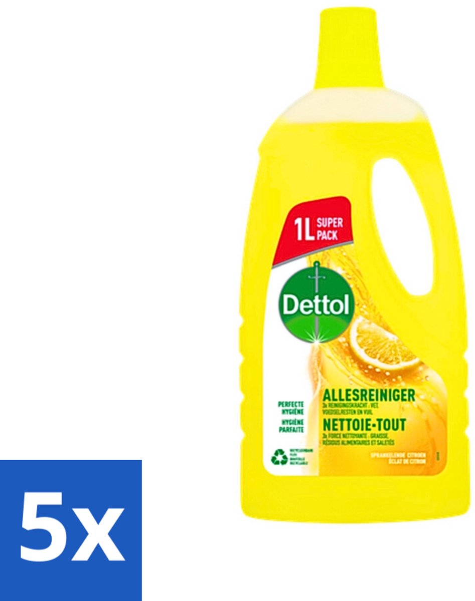 5 x Dettol - Allesreiniger - Citroen - Hygiënisch Schoon - 1 liter - Allesreiniger - Citroengeur - Hygiëne - Schoonmaak - Vet Verwijderen