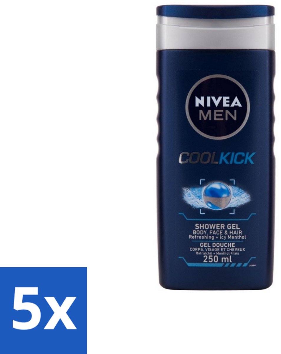 5 x NIVEA MEN - Douchegel - Cool Kick - 250 ml - Douchegel Mannen - Frisheid - Verkoelend Effect - 2-in-1 Douchegel En Shampoo - Ijsblauw