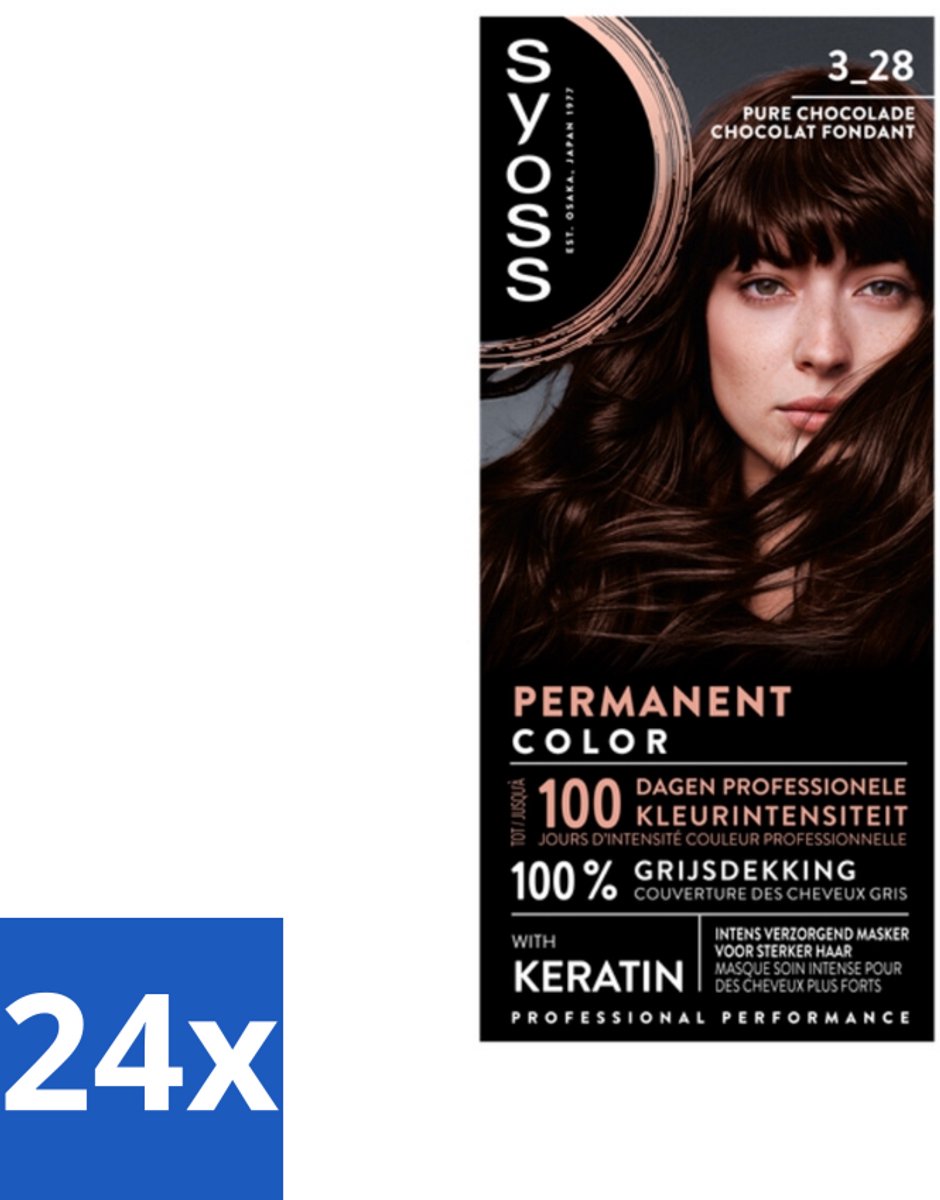 24 x SYOSS - Coloration 3-28 Pure Chocolade - Haarverf - Grijsdekking - Vermindert Haarbreuk - Permanente Haarkleuring - Haarkleur - Grijsdekking - Keratine - Haarkleur Crème