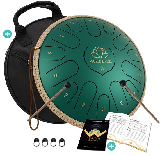 World Living Handpan - 36 cm ø - Donker Groen - Steel Tongue Drum - Hand Klankschaal incl. Lesboek, Standaard & Beschermtas - Hangdrum
