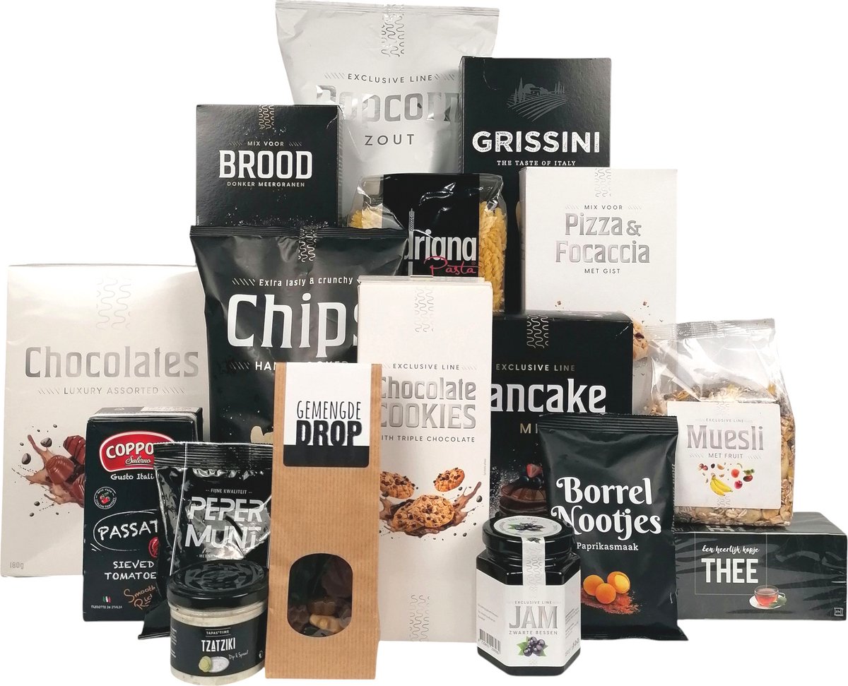 Kerstpakket | "Black & White " | goedgevuld luxe cadeau pakket | chique foodpakket | themakleur zwart en wit | heerlijke lekkernijen | chocolade | borrel | bakken | 17-Delig Eindejaarscadeau
