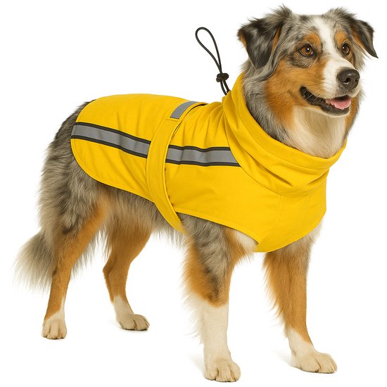 Berger australien portant un manteau de pluie jaune pour chien avec des bandes réfléchissantes et un col haut.