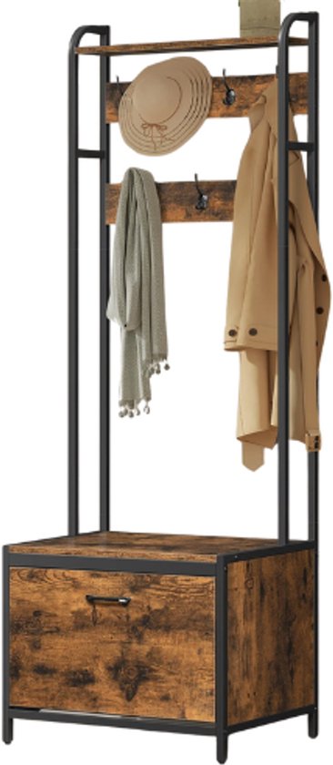 Coat Stand O'DADDY Kapstok Met Schoenenrek - 9 Haken, Bank, 70x32x175cm | Industriële Look, Donkergrijs Hal Meubel Donkergrijs