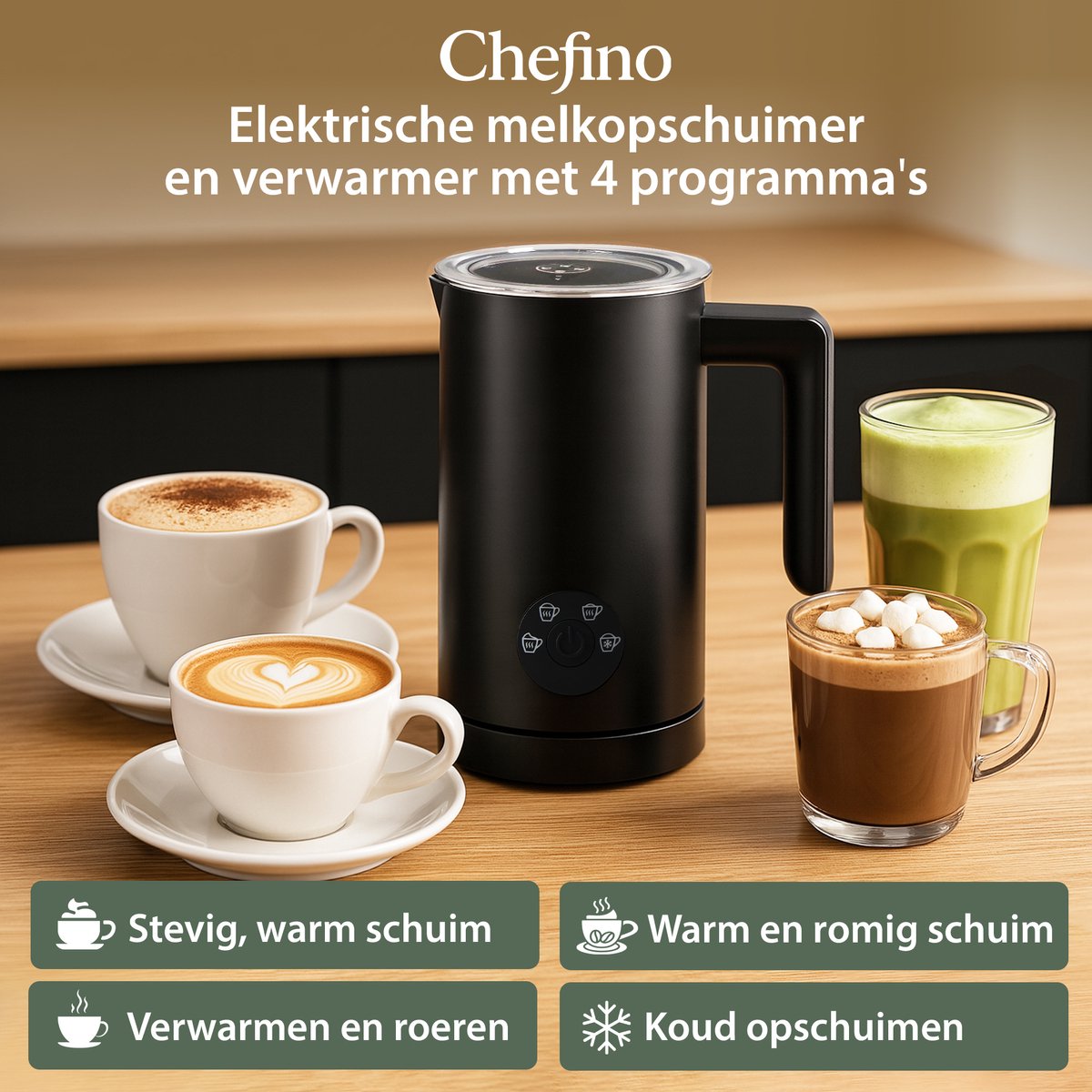 Melkopschuimer Elektrisch – Zwart – 4 Programma’s – Melkverwarmer en Melkklopper Electrisch – Perfect voor Cappuccino, Latte Macchiato en Chocomel — cadeau in Kookcadeaus - foto 2