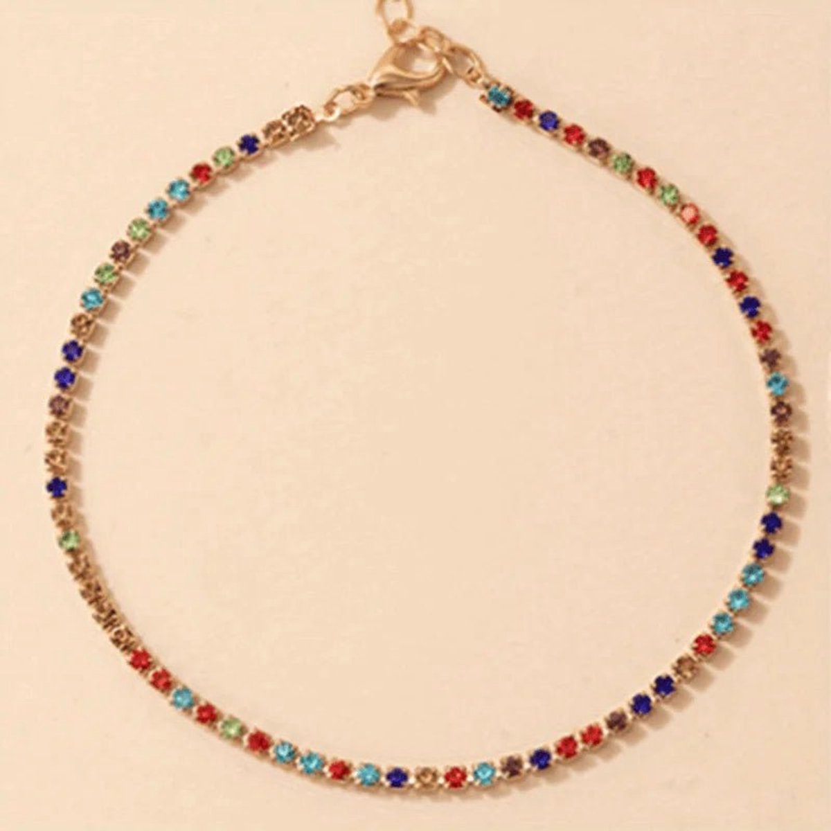 Aramat Jewels | Enkelbandjes | Goudkleurig Enkelbandje met Rijnsteen | Multikleurig | |3mm | Staal | Volwassenen | Verkleurd niet