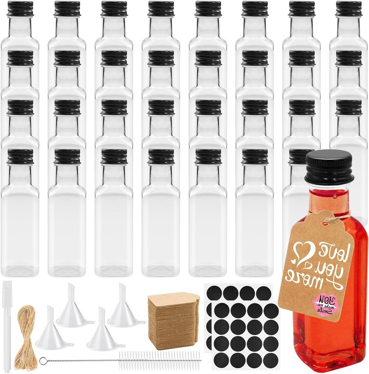 Allecto plus - Mini Likeur Flesjes 50ml voor Bruiloften en Feesten - Herbruikbaar - Vierkante Lege Flessen - 32 Stuks met Trechter en Hangtag