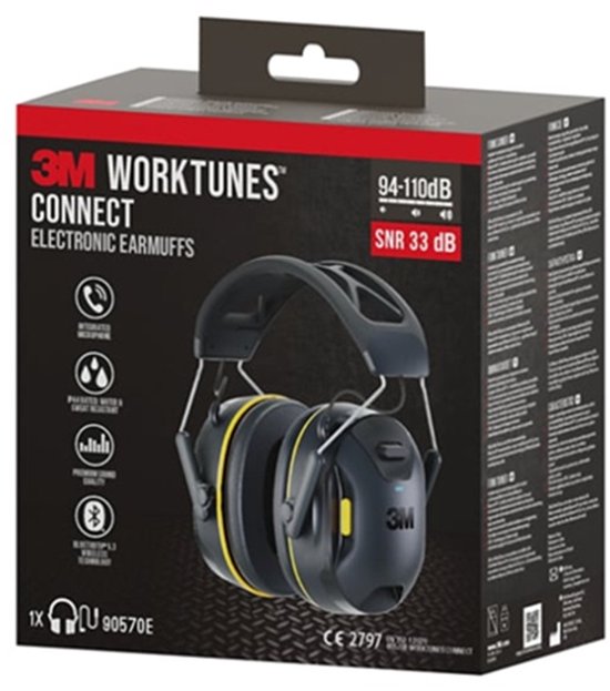 Verpakking voor 3M WorkTunes Connect oorkappen in zwart met gele accenten. SNR 33 dB.