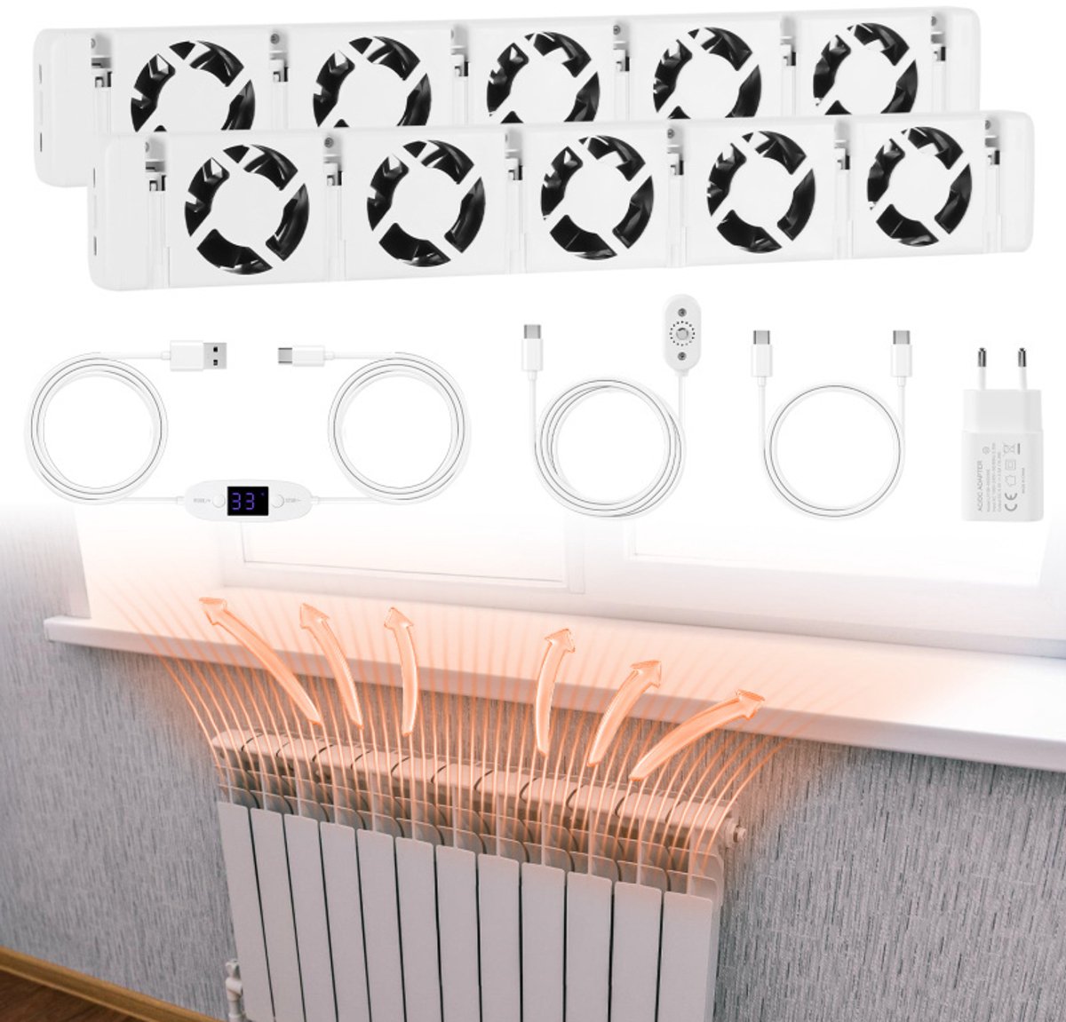 Radiator Ventilator Vijf windopeningen Duo set- Past op elke radiator & Makkelijk te installeren - Energie besparen door betere - Radiatorventilatoren