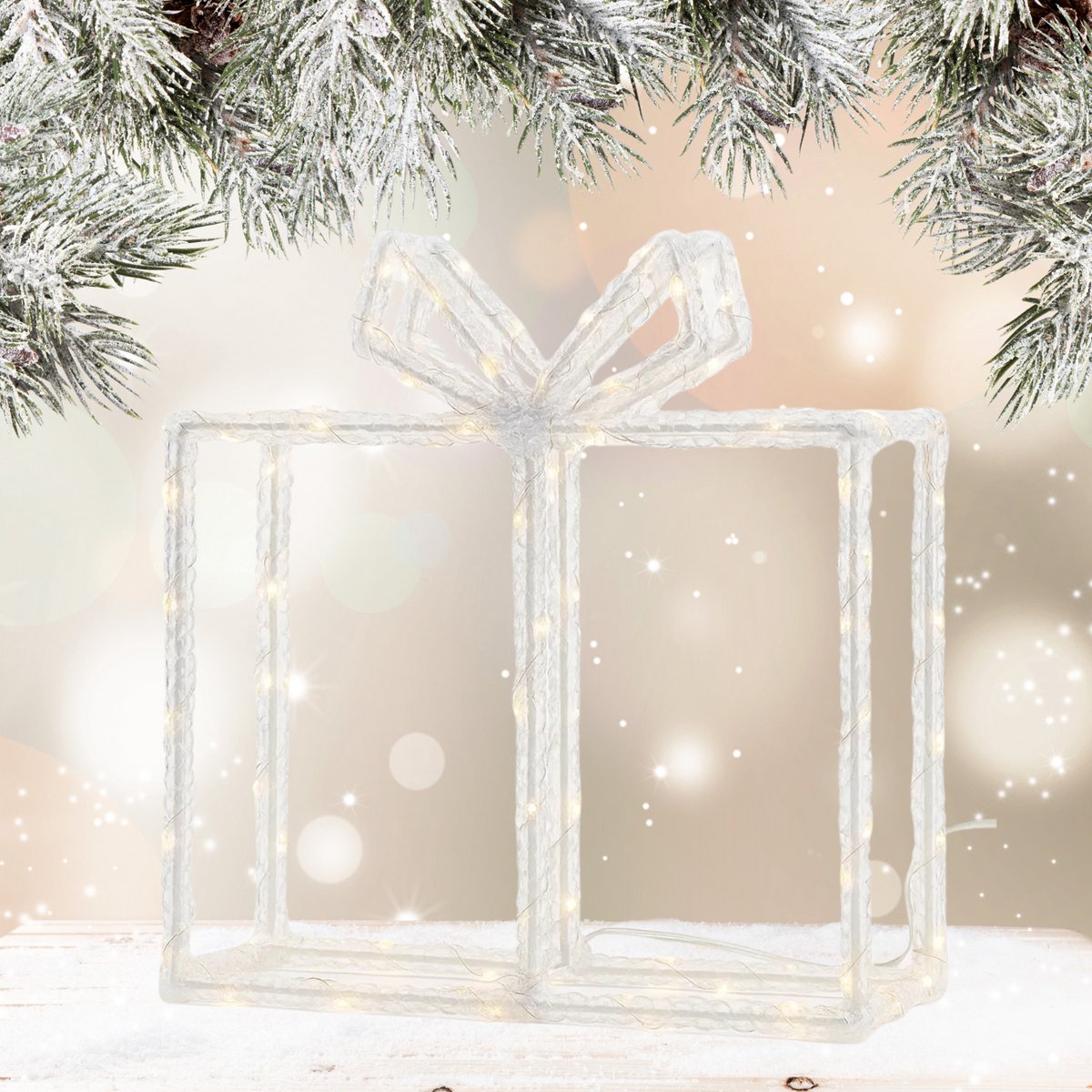 Lomera Kerstfiguur Kado - Cadeau Kerstverlichting op Batterijen - 80 LED Lampjes - Warm Wit Licht - Binnen en Buiten - Timer Functie - IP44 Waterdicht - Metalen Frame - Acryl Design - Sfeerverlichting