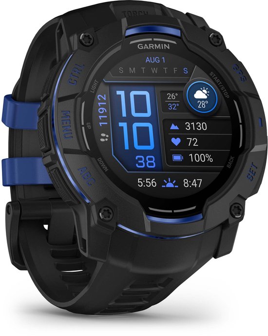 Zwarte Garmin smartwatch met blauwe accenten en informatie op het scherm.