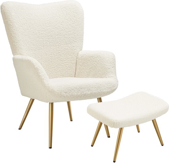 Fauteuil à oreilles tectake® avec pouf de style scandinave | Chaise Teddy Hygge | Chaise Bouclé pour Salon, Chambre | Chaise longue de déclaration | Capacité de charge jusqu'à 150 kg - or crème