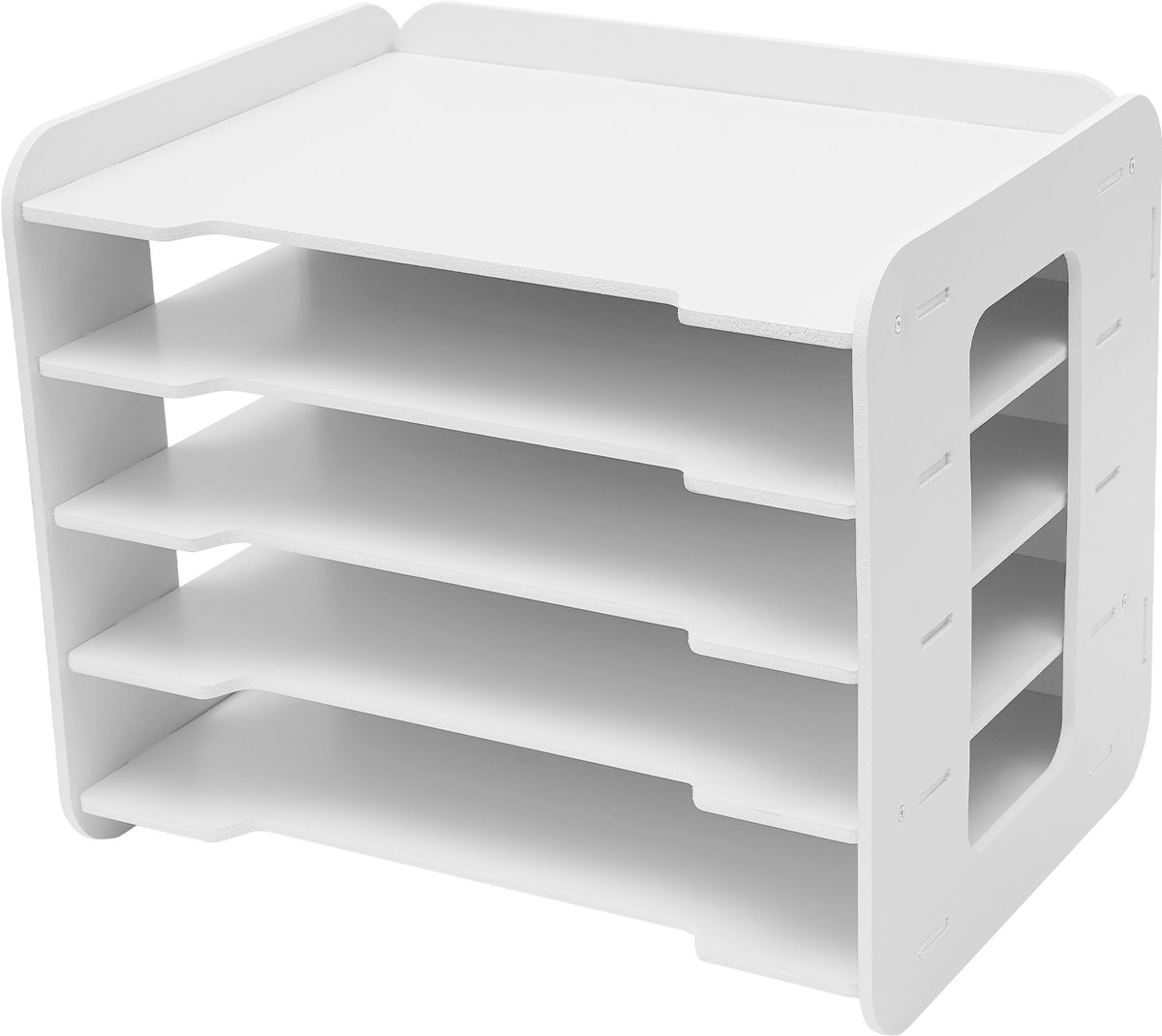 Opbergrek Houten Vijlorganizer met 5 Dienbladen - Opbergrekken - Documenthouder - Document Houder voor Kantoor en Bureau, 34 cm Wit