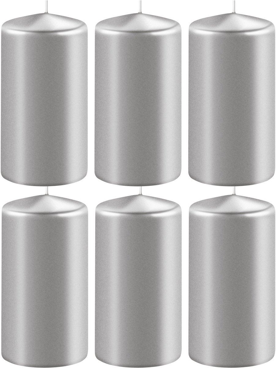 Enlightening Candles Cilinder stompkaars - 8x - zilver - D6 x H10 cm - 36 branduren - Dikke kaarsen - Voor kandelaar of plateau