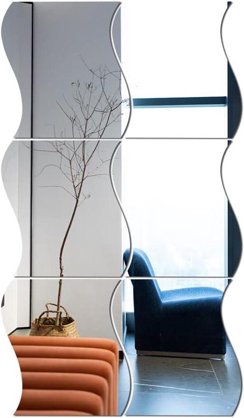 Allecto Plus - Set de 6 Stickers muraux Stickers muraux miroirs décoratifs ondulés 3D - Argent - Pour bureau, maison, chambre à coucher, salon