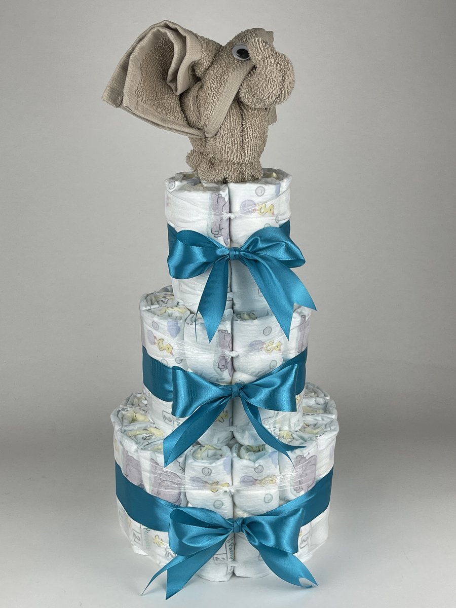 Chouette-Chouette | Luiertaart Neutraal | Kraamcadeau | Geboorte Jongen Meisje | Babyshower | Olifant Cream - Petrol