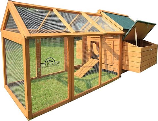 Pets Imperial - Poulailler - 1,4 mètre - Poulailler - Poulailler avec enclos - Poulailler avec filet résistant - Protection parfaite - Design en bois - Marron