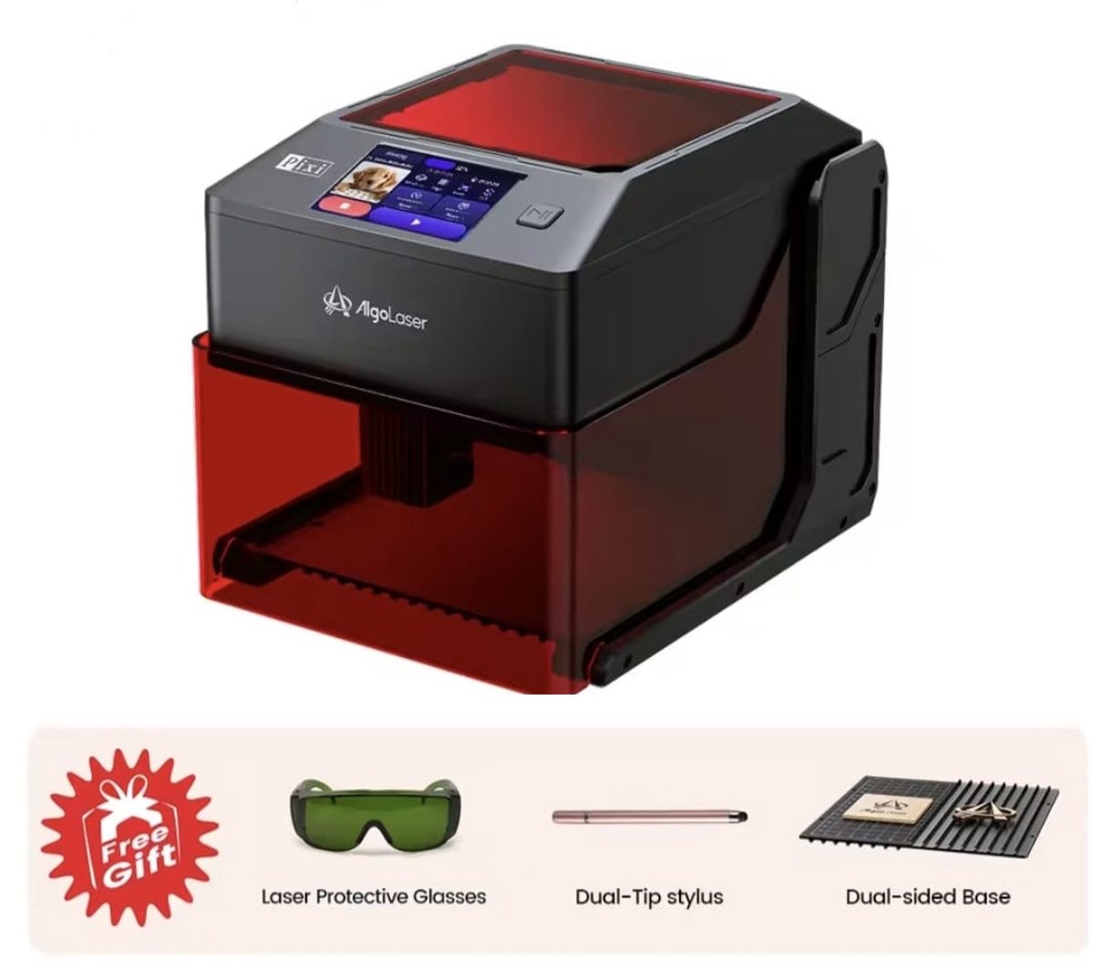 Laser Graveermachine Pixi 10W - 3.5 Inch Touchscreen - Laser Cutter - Laserprinter All In One - Graveren - Display - Zwart/Rood - Laser Snijmachine - Bedienbaar Met APP