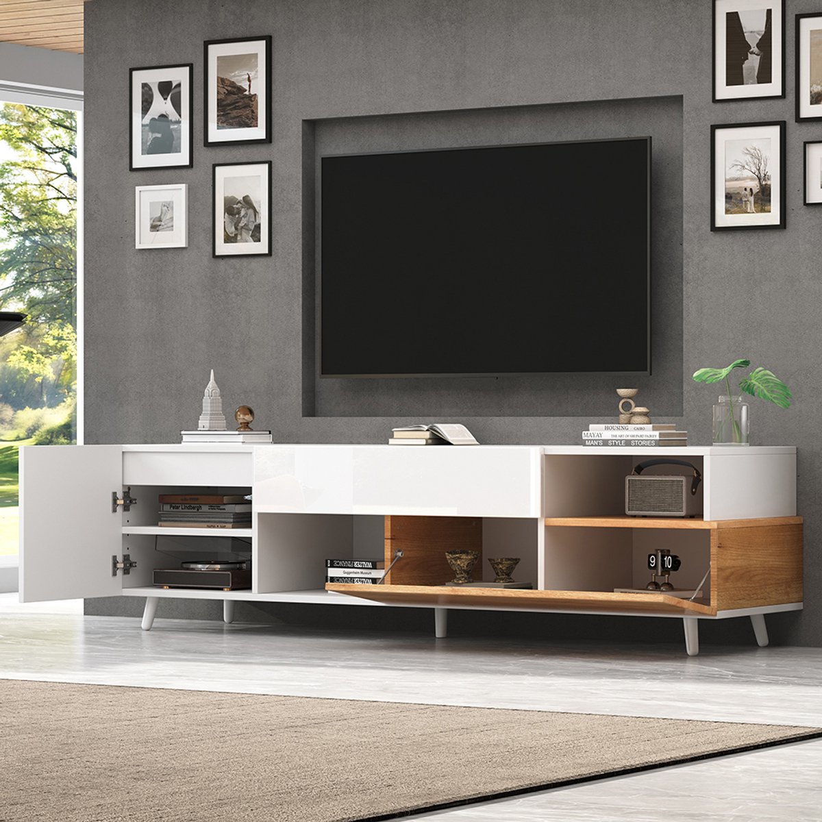 KOMHTOM BLACKCOLORS TV-meubel 180*38*50 cm, laag meubel met onderdeur en 1 lade, TV-meubel met 7 opbergvakken, glanzend TV-meubel, tv-tafel, woonkamercommode, geschikt voor tv's van ongeveer 75 inch Wit + Natuurlijk