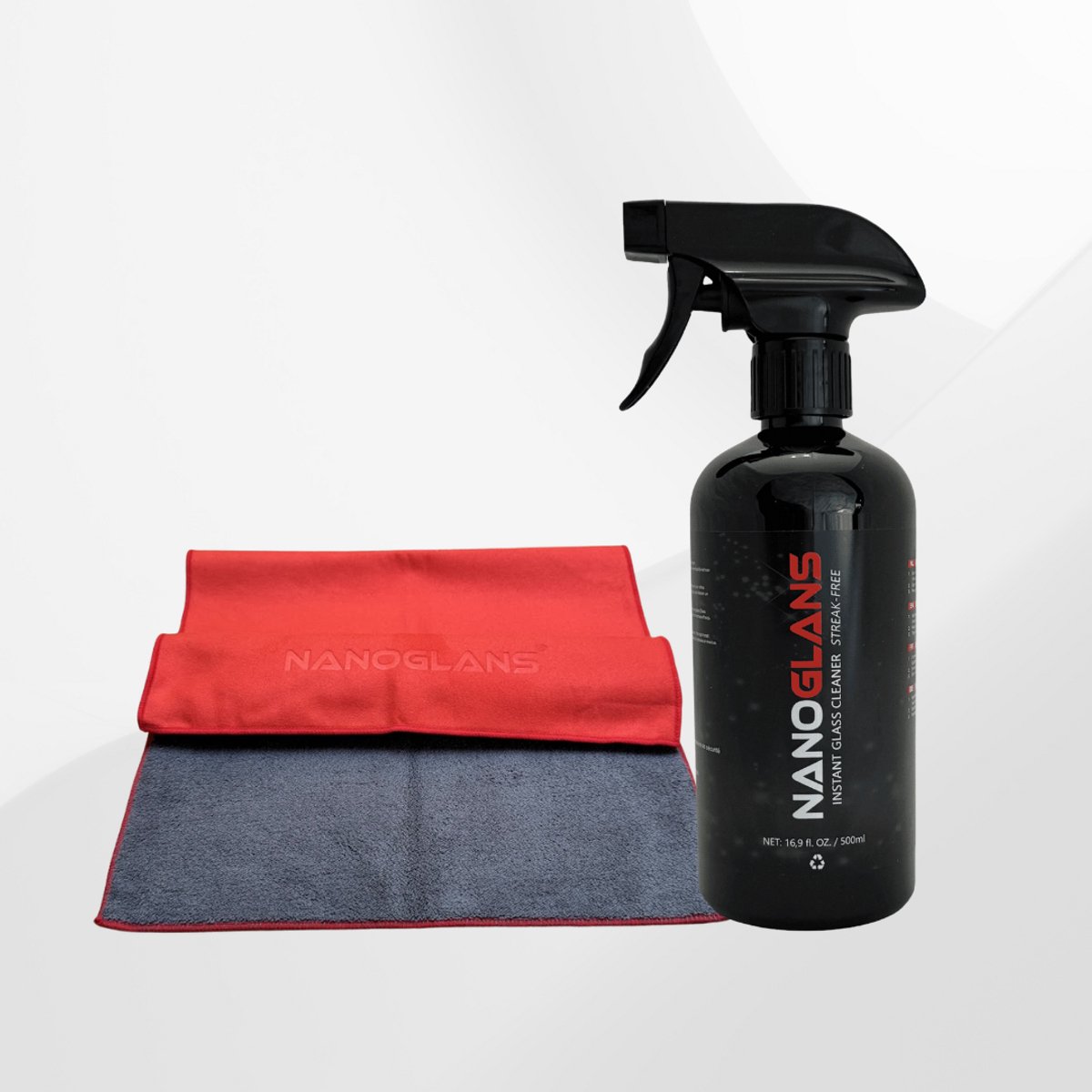NANOGLANS INSTANT GLASS CLEANER 500ML + Glasdoek 60x30cm | Streeploos reinigen van Auto ramen - Huis - Spiegels - Glasreiniger
