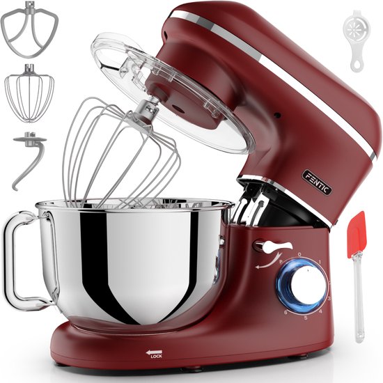 Fentic Keukenmachine - 2000W - RVS Mengkom (6,2 L) - Keukenrobot - Foodprocessor - Mixer met Garde, Deeghaak en Menghaak - Incl. Beschermhoes en extra Accessoires - Mat rood