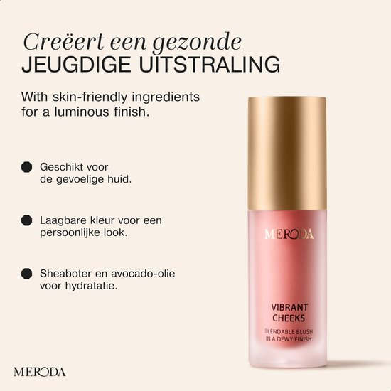 Flesje roze vloeibare blush met gouden dop. Geschikt voor de gevoelige huid, met shea boter en avocado-olie voor hydratatie.