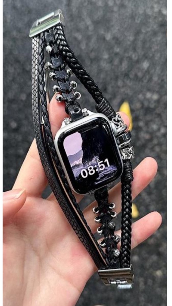 Vintage stoer Applewatch horlogebandje-maat 38-40-41 mm - leer met zilverkleurige details- verstelbare metalen sluiting