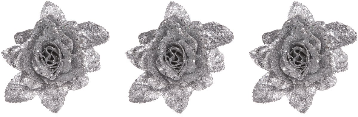 Cosy & Trendy Kerstboomversiering Bloemen - 6x - 10 cm - zilver glitter - op clip - ornament - roos