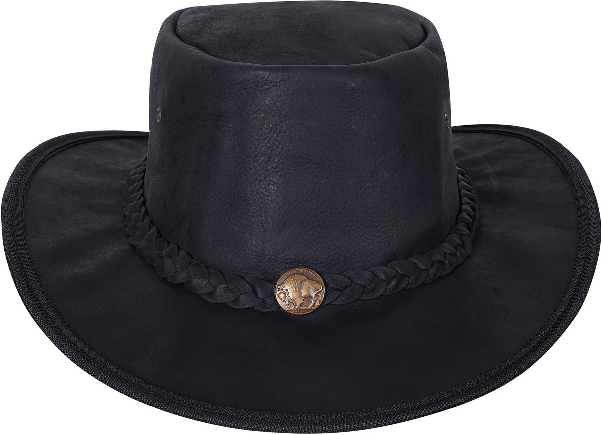 Urban 5884® - Cowboy - hat/Hoed - Zwart - Cracker - 100% Leer - Opvouwbaar - Uniseks - volwassene - Maat XL