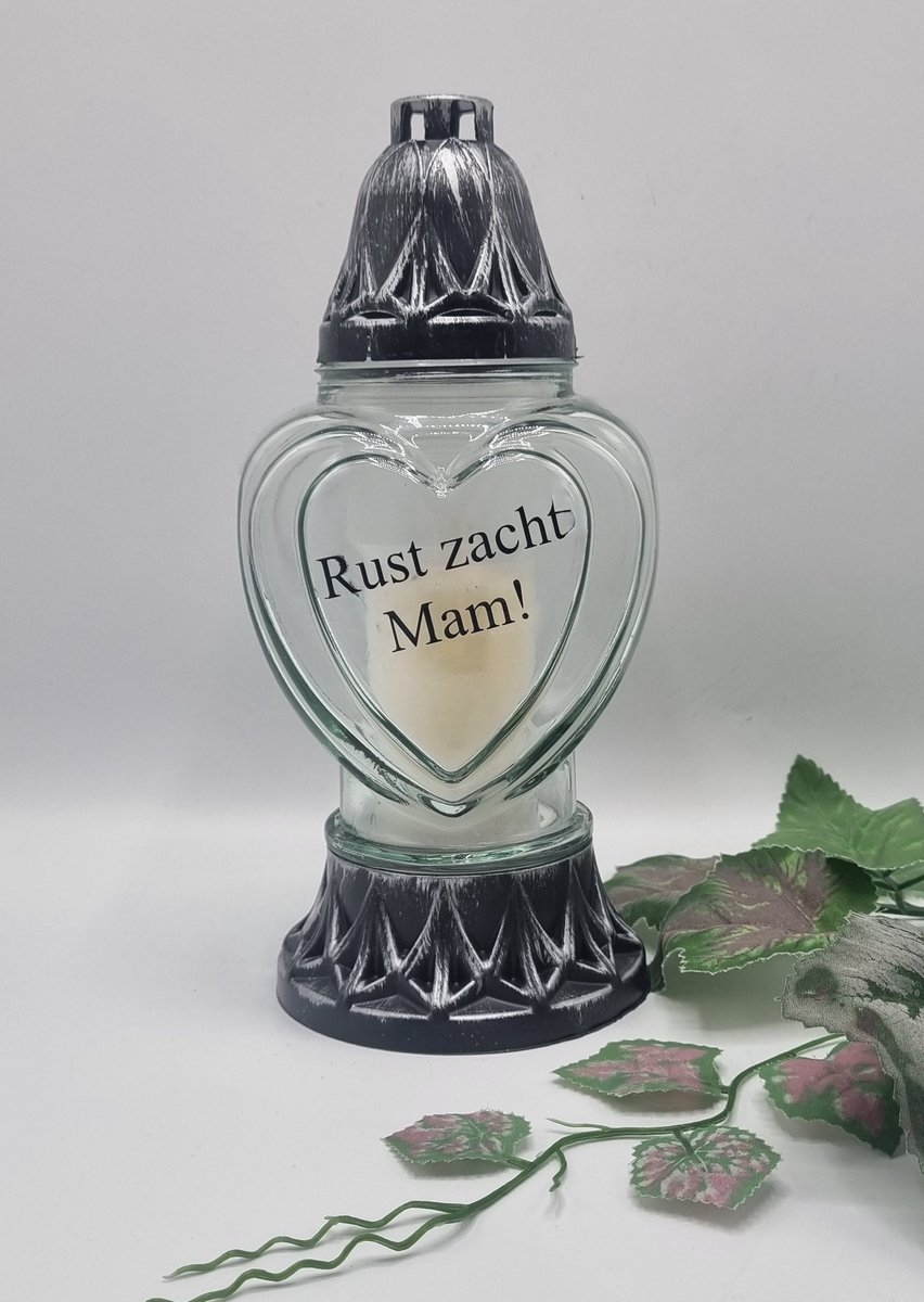 Herdenkingslicht - P39 - Zilver - Transparant glas - Rust zacht mam! - Grafkaars – Graflicht