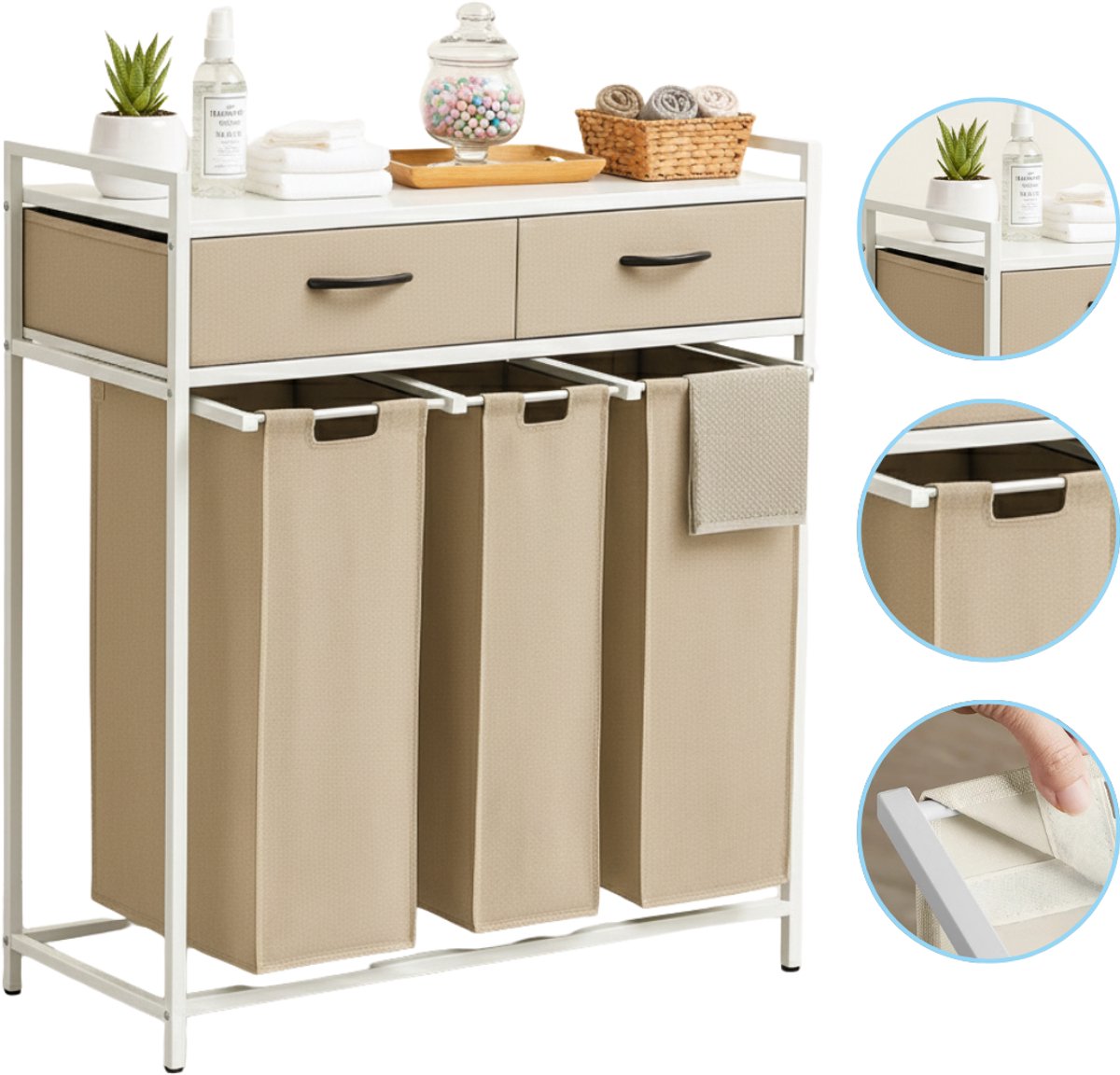 Casayali® TrioSort Wasmanden 150 Liter - Wasmand 3 Vakken - Uitschuifbare Wassorteerder met Laden - Crème
