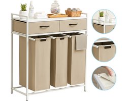 Casayali® TrioSort Wasmanden 150 Liter - Wasmand 3 Vakken - Uitschuifbare Wassorteerder met Laden - Crème