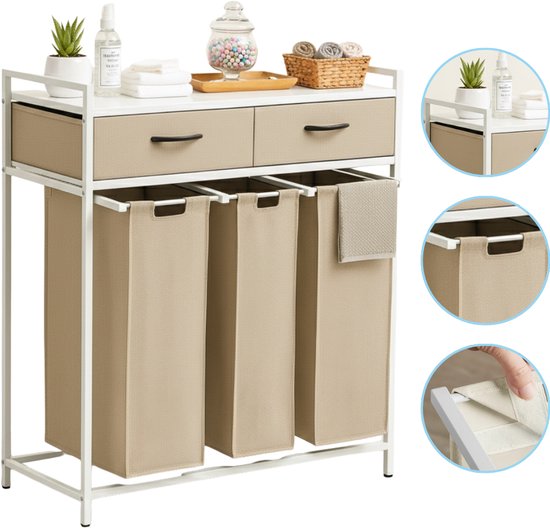 Casayali® TrioSort Paniers à linge 150 Litres - Panier à Linge 3 Compartiments - Trieur de Linge Extensible avec Tiroirs - Crème