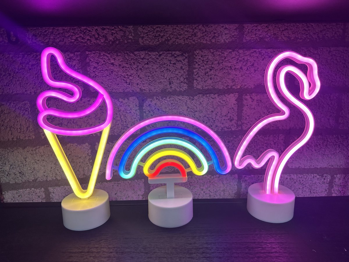 LED lampen met neonlicht - Set van 3 stuks - IJsje/Regenboog/Flamingo - roze/multicolour/roze+oranje neon licht - Werken op batterijen en/of USB - Tafellamp - Nachtlamp - Decoratieve verlichting - Woonaccessoires