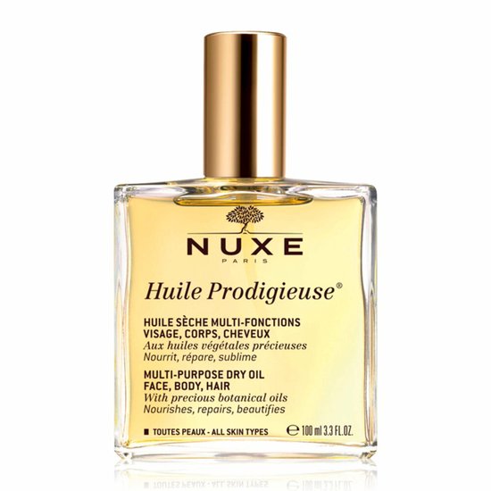 Glazen fles Nuxe Huile Prodigieuse multi-purpose dry oil met gouden dop, 100 ml.