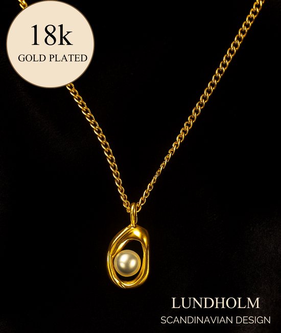 Lundholm Luxe Ketting Dames Hanger Goudkleurig met imitatie Parel - Premium Stainless Steel - 18K Goud Verguld - 45 cm Verstelbaar – Elegant – Luxe Geschenkverpakking – Cadeau voor Vrouw