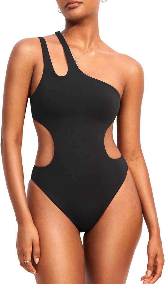 Allecto plus - Eendelig badpak dames met cut-out schouder en figuurcorrigerende voering - Zwemkleding monokini voor dames