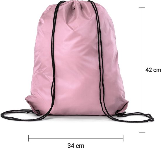 Roze gymtas met trekkoord, afmetingen 42 x 34 cm.
