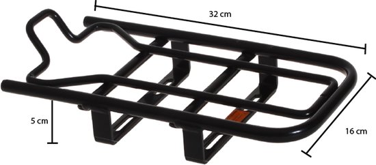 Zwarte Steco Monkey bagagedrager met afmetingen: 32 cm lang, 16 cm breed en 5 cm hoog.