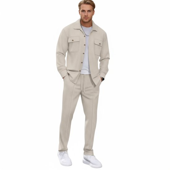 Foto: Lounge kledingset heren blouse lange broek wit beige set