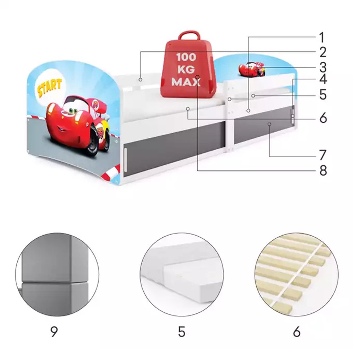 BMS - Single Kids Bed LUKI 1 - 80x160 cm - Wit met Opbergruimte en Auto Motief