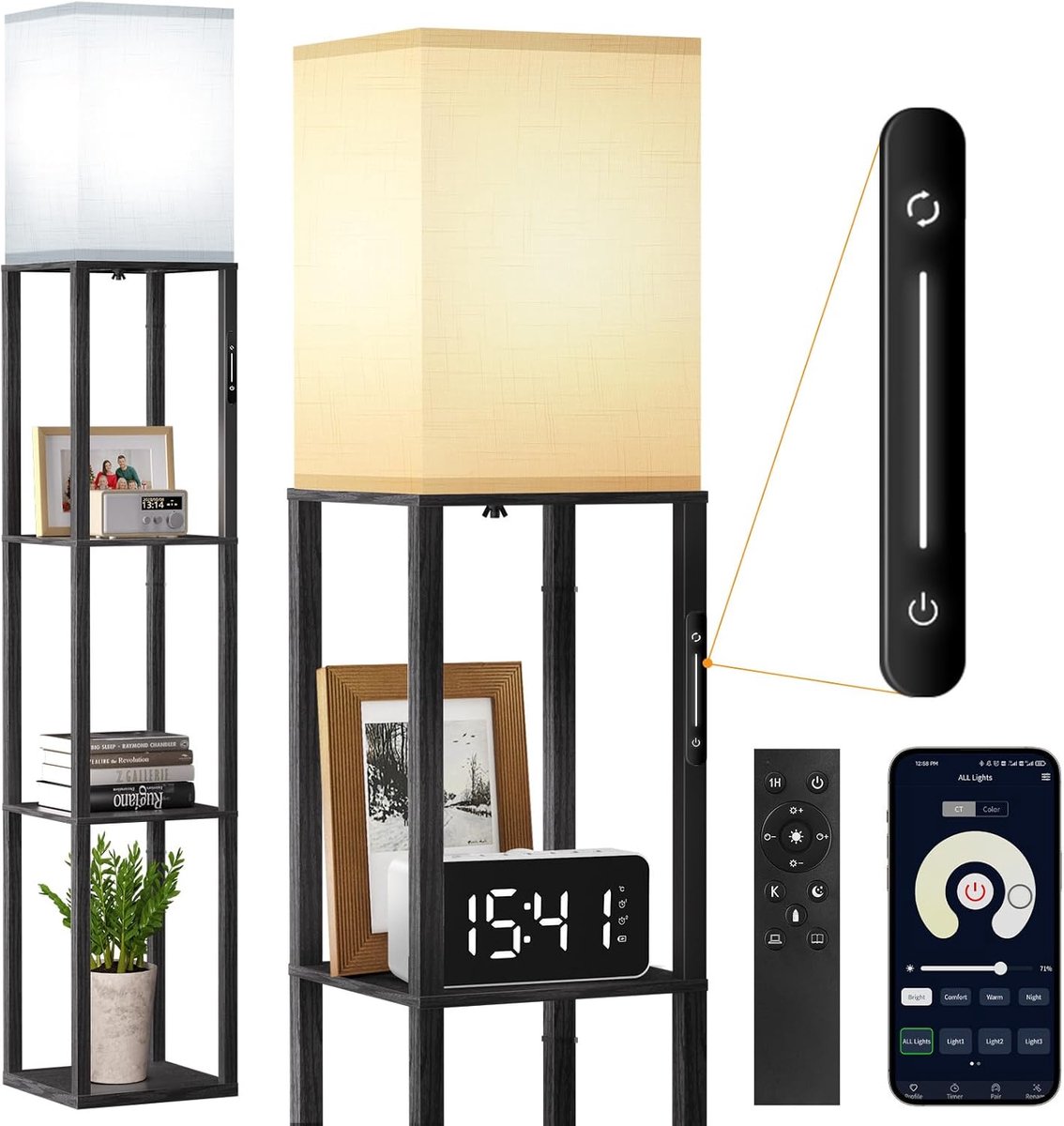 Dimbare Staande Lamp met Plank en Afstandsbediening - Houten Vloerlamp voor Woonkamer, Sla