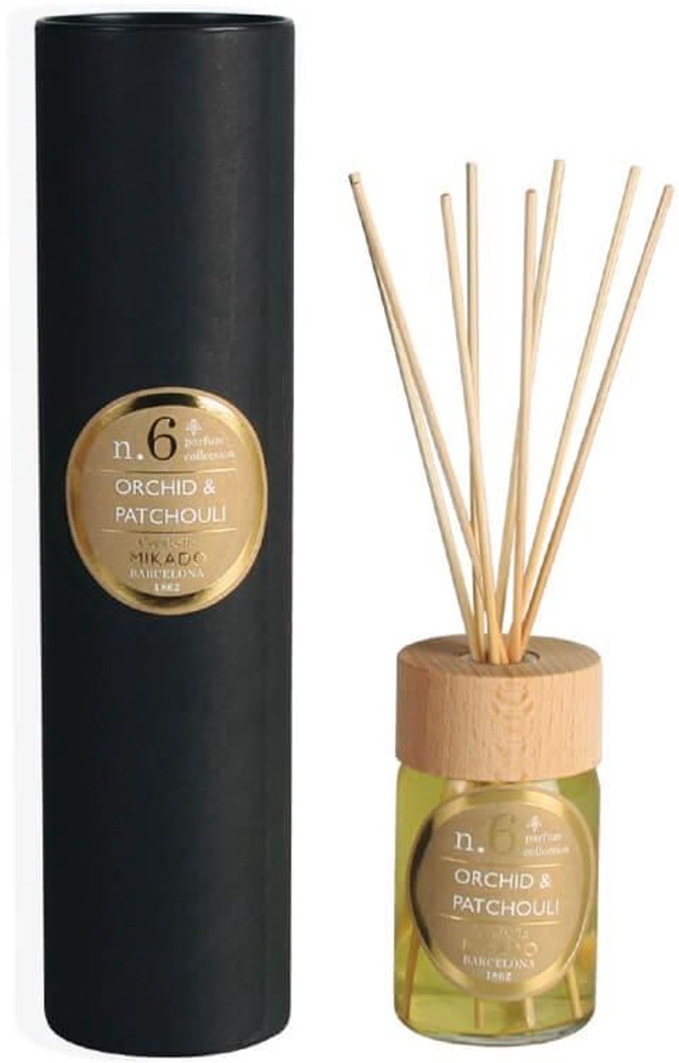 Cerabella Geurstokjes Diffuser N.6 – Orchidee & Patchouli – 100 ml – Luxe huisparfum met 8 stokjes en houten deksel