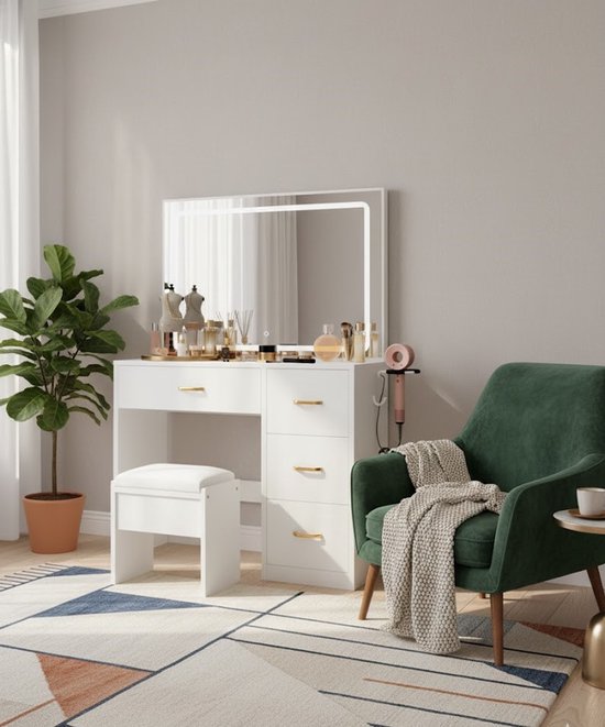FIONESO Make-uptafel met grote spiegel en LED-verlichting, kaptafel met 5 laden, 2 open schappen, kaptafel met cosmeticatafel voor meisjes, vrouwen en slaapkamers, wit