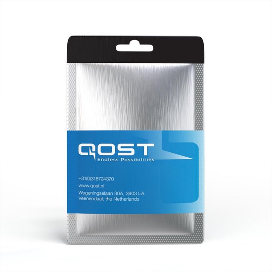 Emballage produit QOST avec logo et coordonnées.