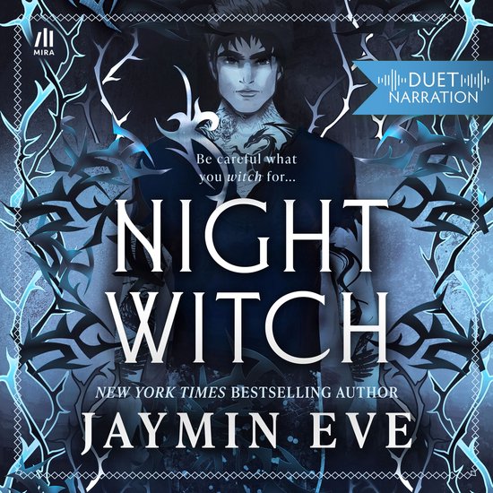 Boekomslag van 'Night Witch' met een man met tatoeages en een duistere, gestileerde achtergrond met takken.