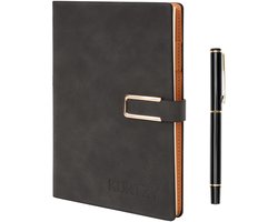 Kurtzy Dark Grey PU Leather Notebook with Pen - Refillable A5 Writing Journal with 112 Thick sheets - Lined Paper Travel Diary for Business, Work & School
