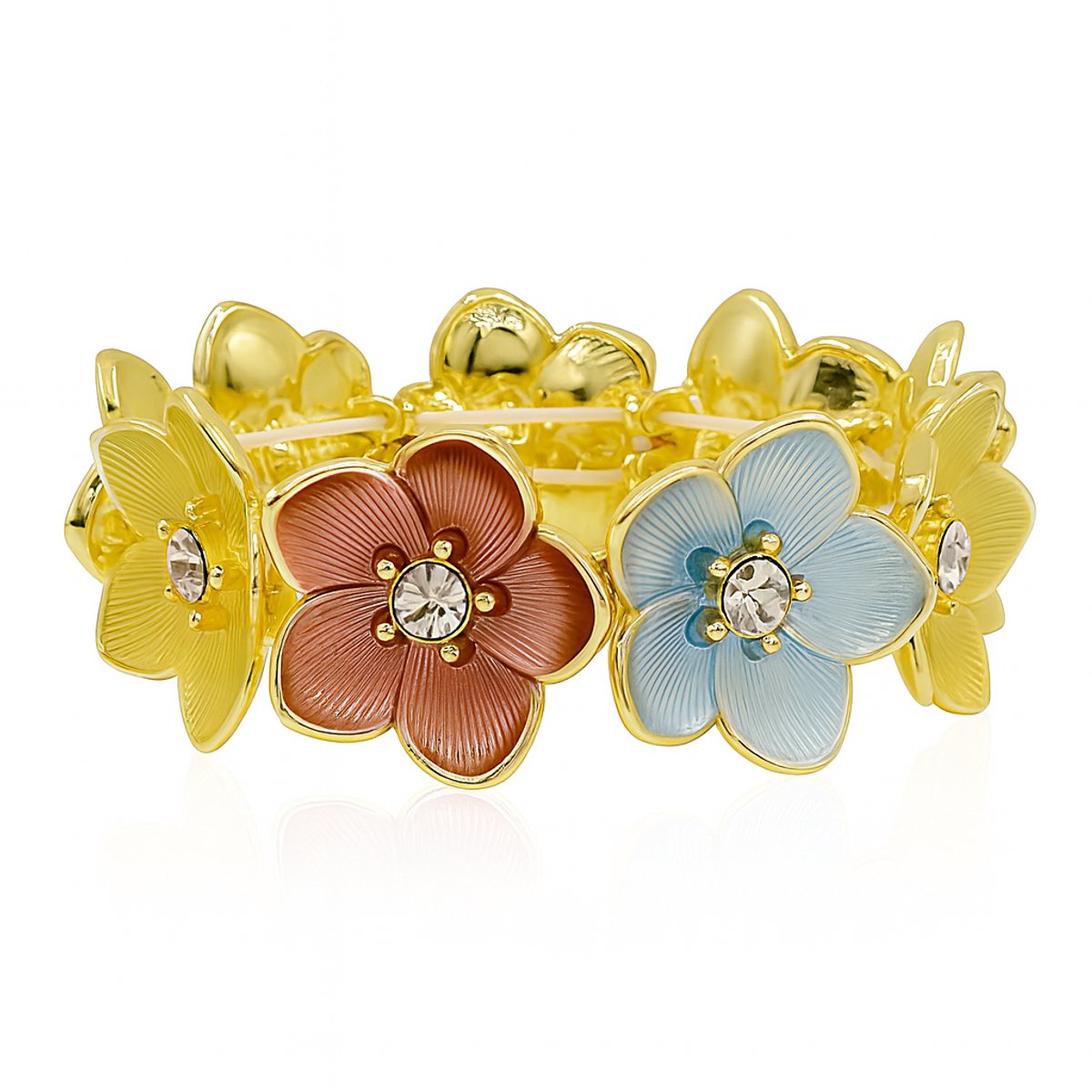 Elastische Armband met Vijfbladige Bloemen en Kristallen – Milieuvriendelijke Legering in Rood, Blauw en Goud